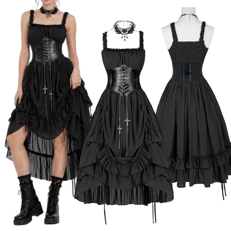 Vintage Fashion Dresses - Gaun Korset Gothic Wanita Hitam Punk